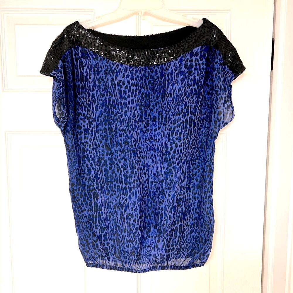 Y2K Charlotte Russe Cap Sleeve Sequined Leopard Top Blue Small